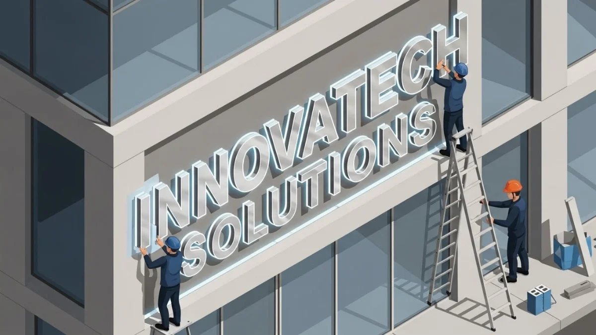 Kỹ sư kiểm tra an toàn thiết bị lắp đặt chữ nổi tòa nhà trên cao