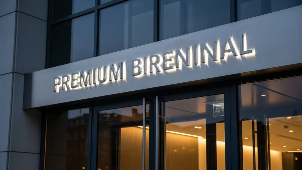 Biển chữ nổi inox 304 màu vàng đồng, được gia công tinh xảo, gắn trên tường đá marble sang trọng