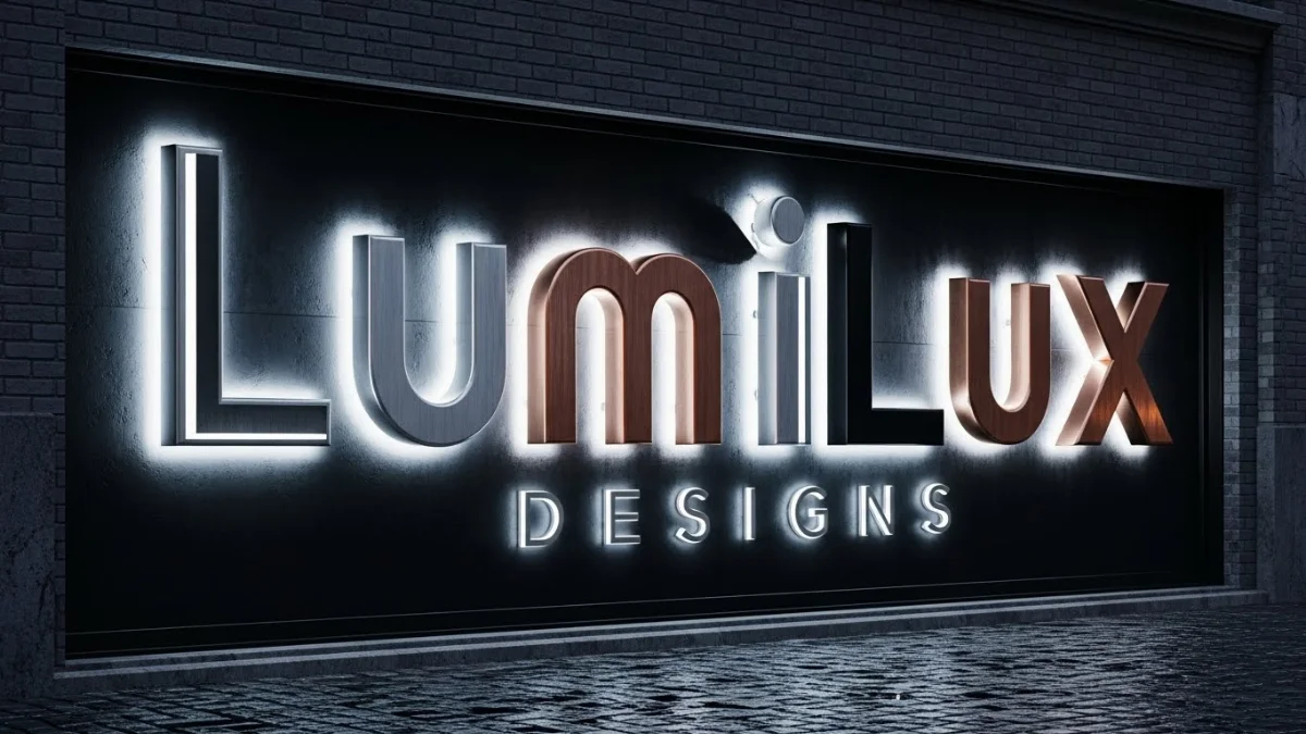 Biển hiệu mặt tiền cửa hàng hiện đại làm bằng chữ nổi Alu, có đèn LED hắt sáng bên trong