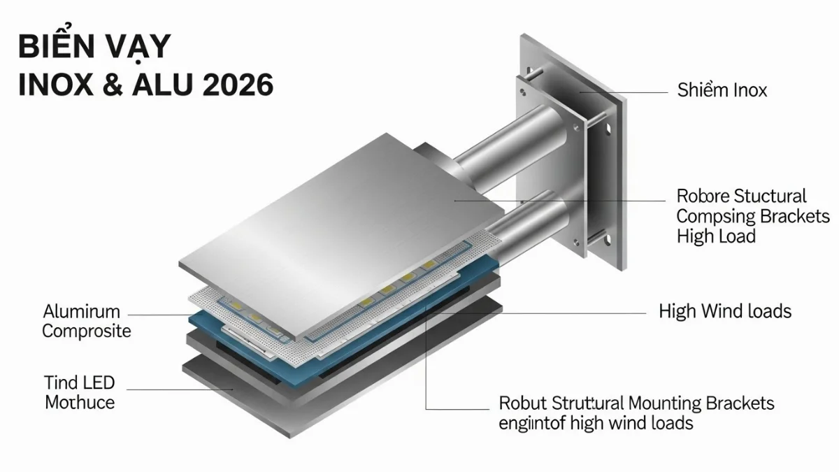 Hệ thống khung đỡ biển vẫy inox kiên cố, đảm bảo an toàn tối đa.