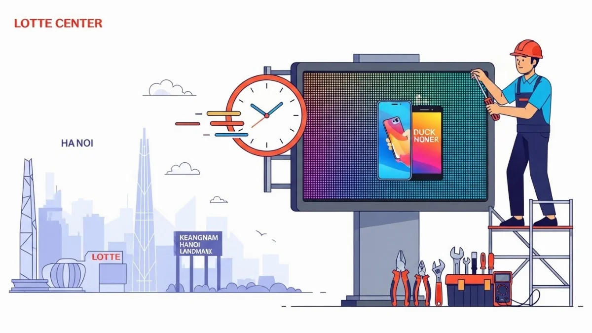 Kỹ thuật viên đang khắc phục lỗi màn hình LED ngoài trời Hà Nội