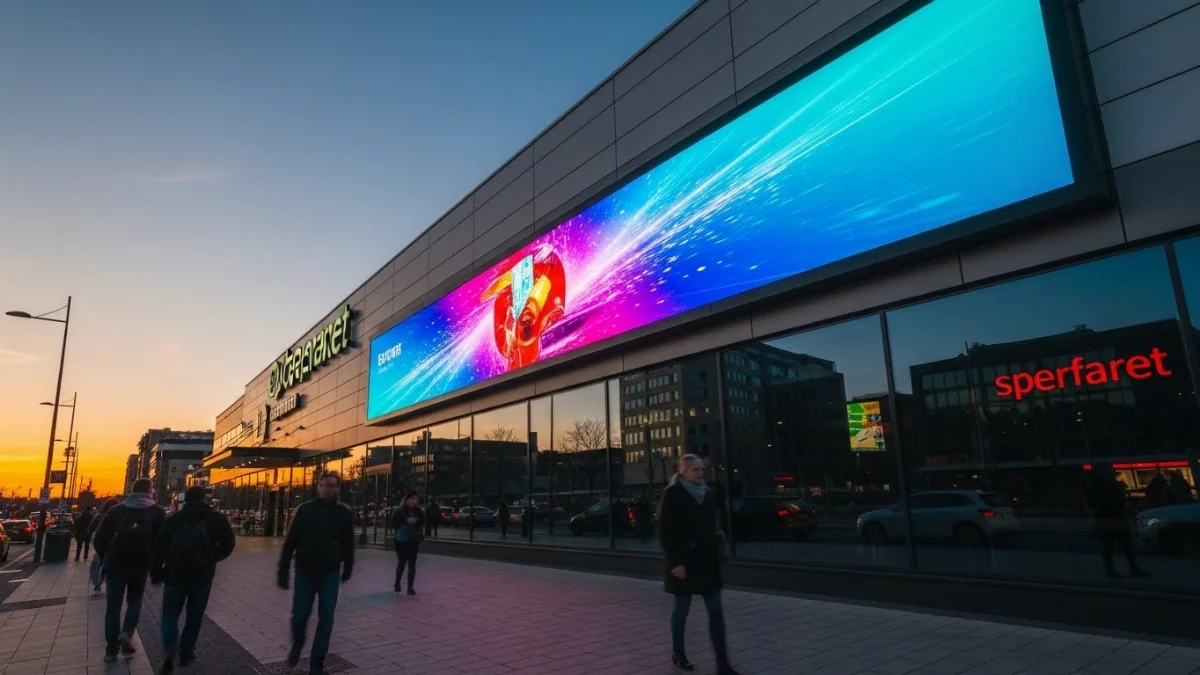 Hình ảnh một màn hình LED lớn ngoài trời hiển thị quảng cáo hiện đại