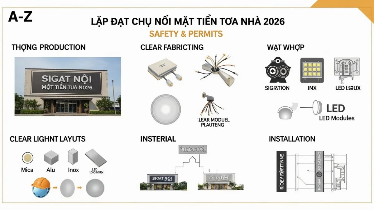 Công nhân thi công chữ nổi mặt tiền tòa nhà một cách chuyên nghiệp