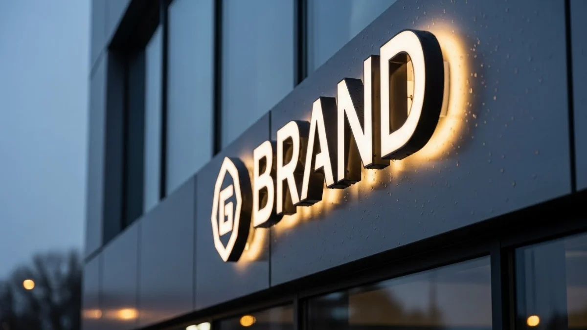 Biển alu chữ nổi mặt tiền tòa nhà với chữ phát sáng buổi tối