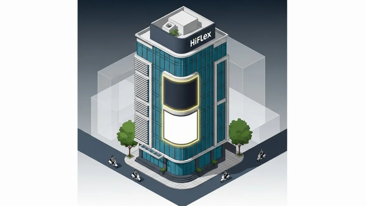 Kỹ thuật viên đang căng bạt Hiflex không viền trên cao