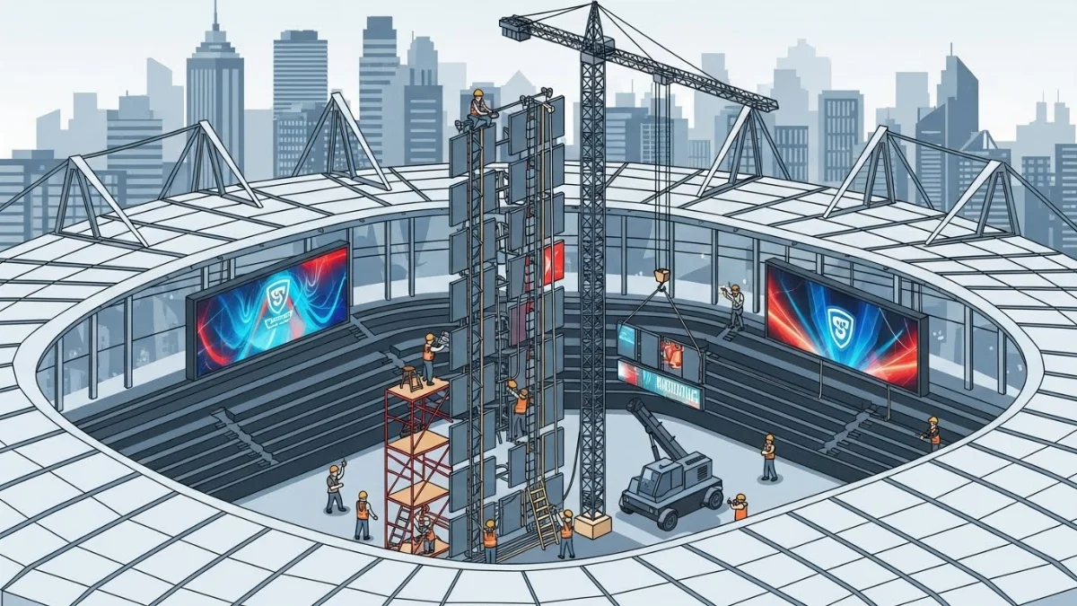 Màn hình LED lớn tại sân vận động hiển thị trận đấu và quảng cáo sản phẩm