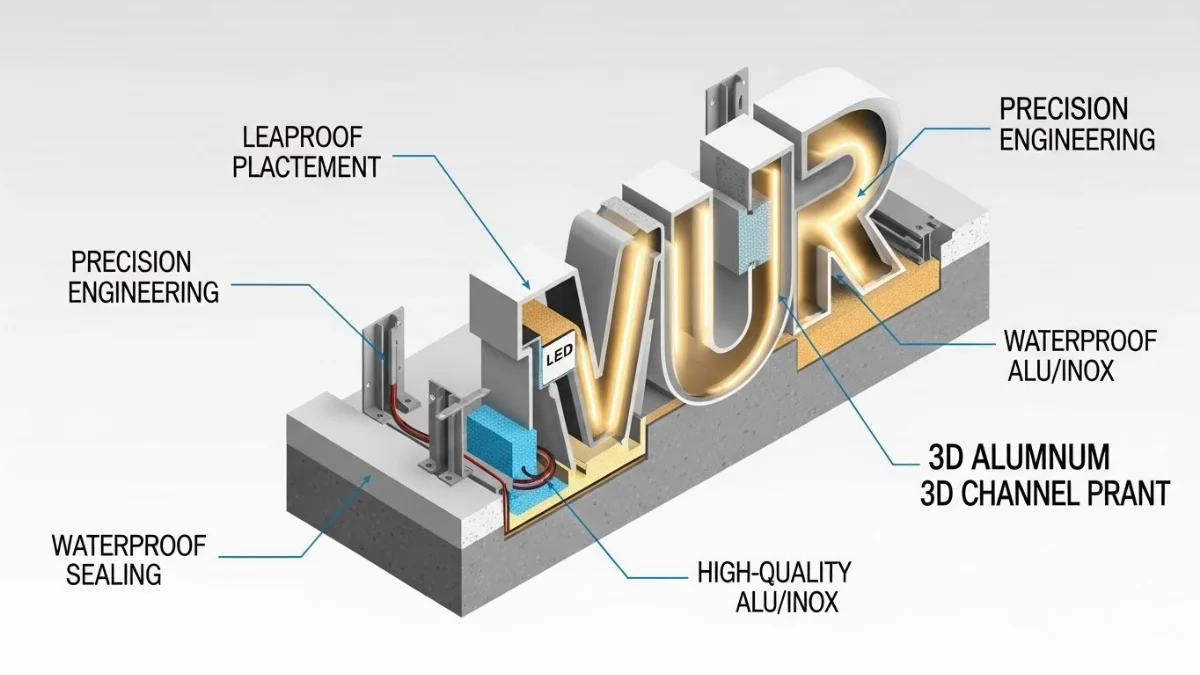 Thợ lắp đặt biển alu chữ nổi tại mặt tiền cao tầng