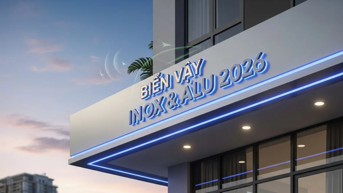 Biển vẫy inox alu đẹp mắt, nâng tầm không gian cửa hàng hiện đại.