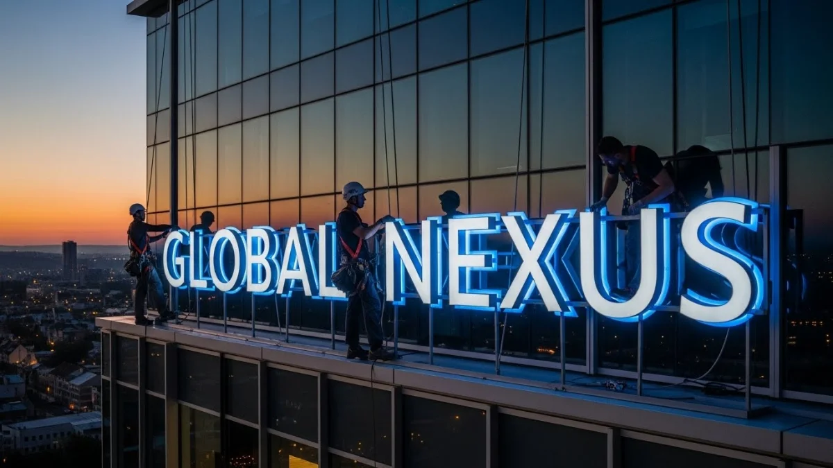 Hình ảnh công trình lắp đặt chữ nổi mặt tiền tòa nhà đang được thực hiện